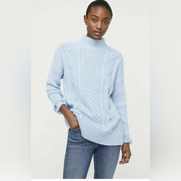 J. Crew Women's Light Blue Cable Knit Mockneck Sweater Size Large 100% Cotton - Picture 1 of 9
